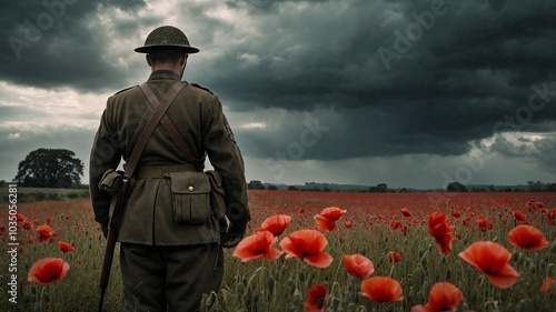 A soldier in vintage uniform standing at attention in a field of red poppies, honoring fallen comrades under a stormy sky