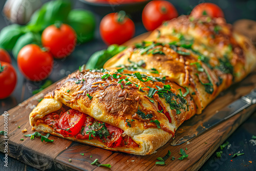 Delicious homemade calzone lying on wooden chopping board