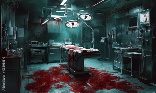 A bloody operating room with an empty table.