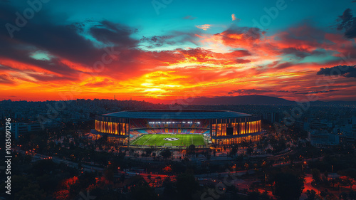 Aerial drone twilight sky photo of brand new soccer,football stadium of AEK Agia Sofia in public park of Filadelfia, Athens, Attica, Greece