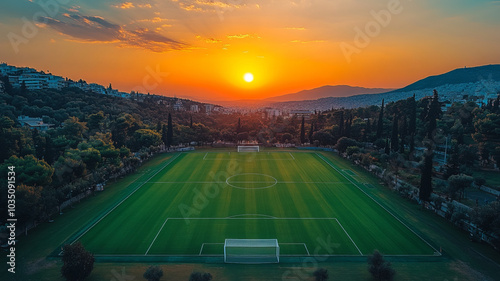 Aerial drone twilight sky photo of brand new soccer,football stadium of AEK Agia Sofia in public park of Filadelfia, Athens, Attica, Greece