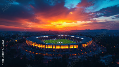 Aerial drone twilight sky photo of brand new soccer,football stadium of AEK Agia Sofia in public park of Filadelfia, Athens, Attica, Greece