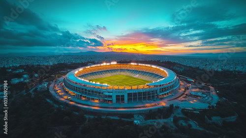 Aerial drone twilight sky photo of brand new soccer,football stadium of AEK Agia Sofia in public park of Filadelfia, Athens, Attica, Greece