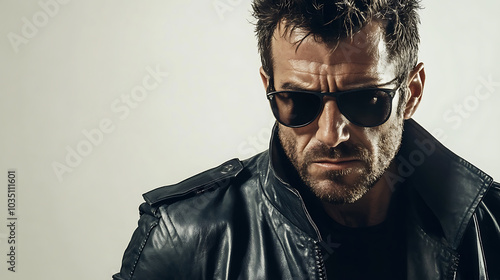 serious looking man wearing sunglasses and leather jacket, exuding tough demeanor and confidence. His intense expression adds to overall dramatic effect