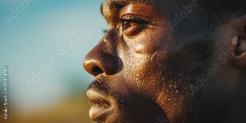 Side profile of a fatigued athlete contemplating power and challenge during a sports training session in rugby, showcasing focus and determination