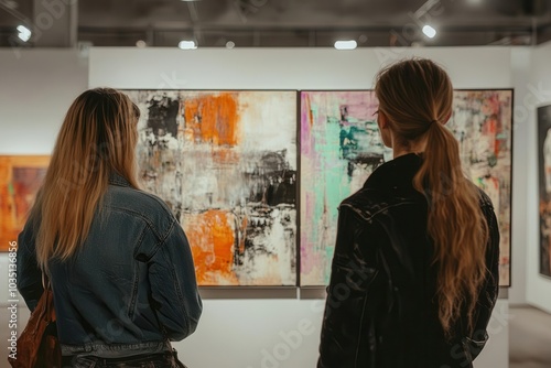 Art lovers admiring abstract paintings at a modern exhibition, soft lighting highlighting the artwork, ultrarealistic detail of brushstrokes and gallery ambiance