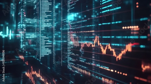 Futuristic digital data servers with glowing neon lights and stock market graphs overlay, symbolizing high-tech finance, data processing, and advanced analytics.