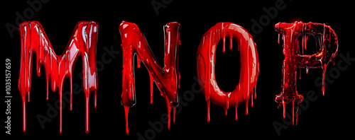 Blood font lettering. Letter M, N, O, P dripping red liquid text effect for Halloween