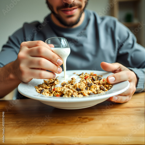 Fresh granola, muesli for breakfast. man eats cereal with milk from a plate. concept of proper nutrition and a healthy lifestyle. Useful mixtures remarkably remove harmful substances, slags.