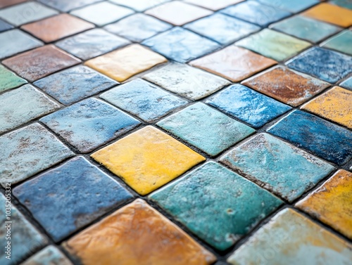 Colorful ceramic tiles in geometric pattern, close-up view.