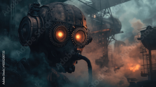 In the misty silence of an abandoned airship dock, a terrifying steampunk ghost with clockwork limbs and gear-filled eyes glides ominously, as steam hisses and metal creaks in the background.