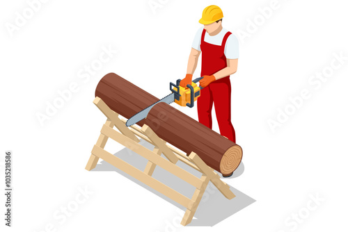 Isometric lumberjack male character holding an axe and wood log. Woodcutter saws tree with chainsaw on sawmill. Firewood processing.