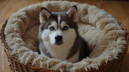 siberian husky puppy in bed