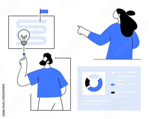 Two people point at charts and diagrams. One interacts with a light bulb on a flowchart, while another views data in pie charts. Ideal for presentations, brainstorming, innovation, business