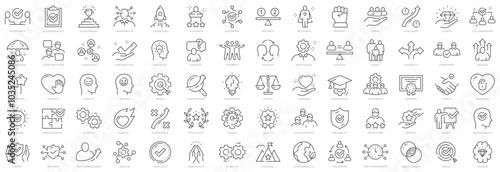 Big set of core values related icons. Caring, collaboration, community, diversity, friendship etc. Editable stroke.