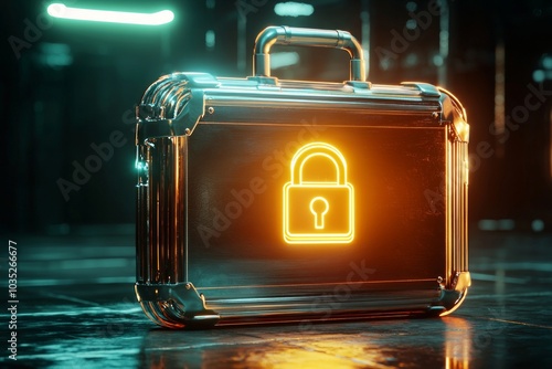 An abstract, modern briefcase with sleek, geometric lines in a metallic finish, featuring a glowing icon of a padlock floating just above it, symbolizing security and professionalism. 