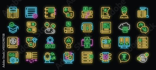 Foreign language learning and translation neon icons set vector. Foreign language educational books and dictionary, mobile translator application and linguist illustrations