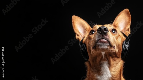 This image features an adorable dog with large pointed ears wearing headphones, looking upwards against a contrasting black backdrop, showcasing curious expression.