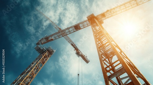 Three construction cranes tower against a dynamic blue sky, capturing the essence of growth, progress, and urban development in a modern era landscape.