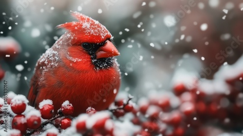 A captivating winter scene featuring a red cardinal amidst gently falling snow, the bird perches on a berry-filled branch, embodying nature's resilience and peaceful beauty.