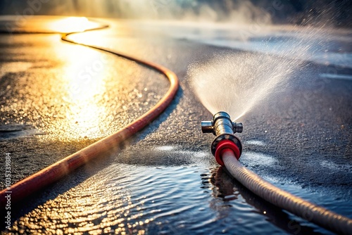 Silhouette fire hose nozzle red wet asphalt