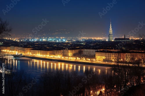 Turin Skyline Panorama with Mole Antonelliana, City View of Piedmont Italy