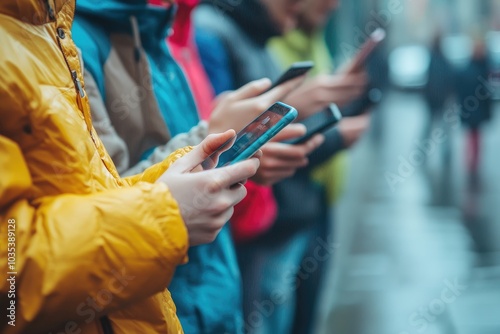 Group of people are using their mobile phones while standing on the street