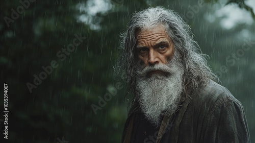 Noah with long gray hair and beard standing in the rain, Generative AI