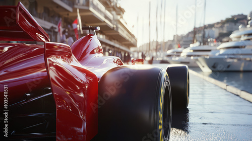 Sleek Red F1 Car Against Monaco Harbor: Low-Angle Rear View with Yacht Masts, Photorealistic Detail, and Late Afternoon Sun Glare in Stunning 8K Quality.