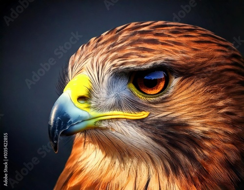 A close-up portrait of a red-tailed hawk showcasing its fierce eye and sharp beak, highlighting its status as a powerful bird of prey in the wild