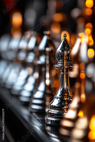 Shiny metal chess bishop reflects warm light, smooth polished surface glowing. Elegant details and glossy texture highlight focus on strategy, control, and sophistication. Gleaming precision.