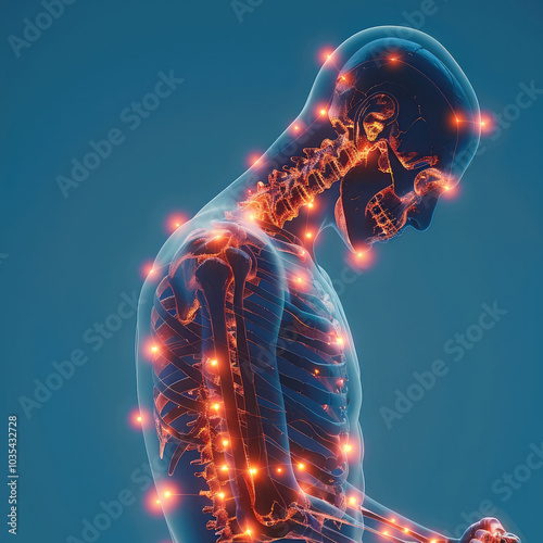 a male human figure with joint pain. Red glowing areas surrounding each bone in his body against a blue background.