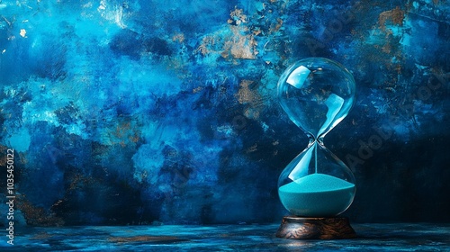 Ethereal hourglass against a cosmic blue backdrop, symbolizing the fleeting nature of time amidst the vastness of the universe. Concept of eternity.