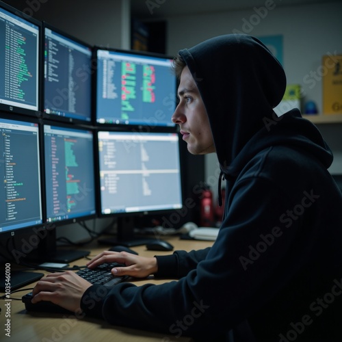 A hooded hacker engrossed in cybercrime with multiple screens and dimly lit surroundings