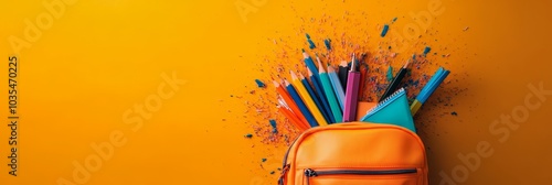 A vibrant orange backpack bursting with color as pencils, pens, and other school supplies explode outwards. The image symbolizes knowledge, creativity, and the excitement of learning.