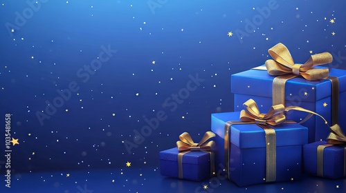 Generative ai illustration of blue gifts with golden bows and ribbons on blue background with stars - ideal for festive themes, holiday cards, and celebration designs