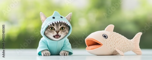 Cat in a tiny shark costume, pretending to attack a stuffed fish, humorous and cute, vibrant blue and grey colors, soft lighting