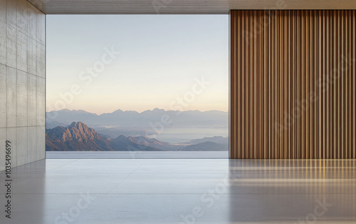 Modern architectural interior with mountain view at dawn highlighting minimal design elements