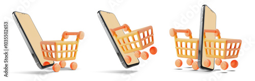 Creative 3D vector showing mobile phones with shopping carts emerging from screen, symbolizing online shopping, e-commerce, and digital transactions. Ideal for illustrating modern retail trends.