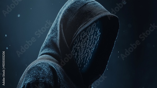 A cloaked figure stands with their back to an unseen audience, using a digital display of binary code instead of a face, embodying cybersecurity themes and digital anonymity. Generative AI