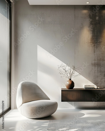 Minimalist, loft interior design of modern living room. Soft armchair against concrete wall with copy space. Wooden vase and dried branches on dark cabinet.