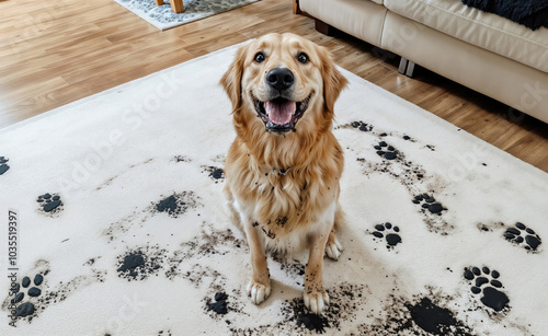 Golden retriever sitting on carpet covered in muddy paw prints