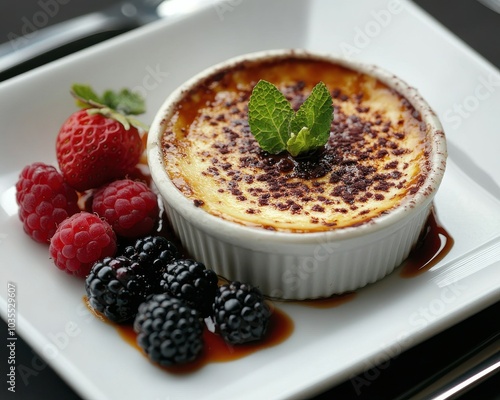 Crème brûlée dessert with fresh berries and mint garnish