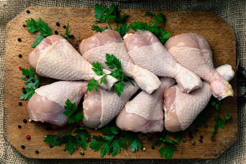 Raw chicken drumsticks arranged on a rustic wooden cutting board, accompanied by fresh parsley leaves and black pepper. This scene perfectly illustrates fresh ingredients ready for preparation