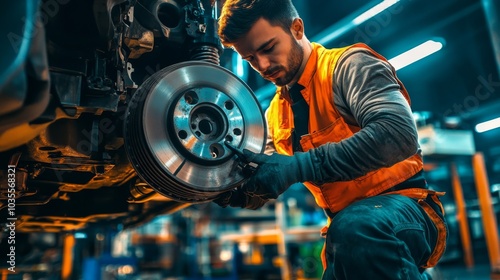 A mechanic repairs a vehicle's brake system in a well-lit workshop, showcasing skill and precision in automotive maintenance.