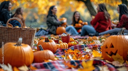 Group of friends enjoying an impromptu picnic in a colorful autumn park sitting on a plaid blanket surrounded by pumpkins and seasonal treats as laughter fills the air