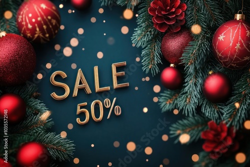 Christmas 50% sale banner with red and gold ornaments.