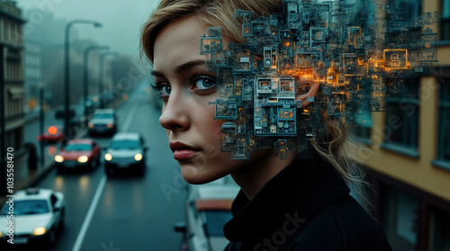 Young woman's profile merges with futuristic cityscape, blending urban reality and digital imagination on foggy street with passing cars