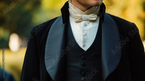 Regency gentleman in elegant top hat, tailored vest, and long jacket, embodying the sophistication and style of early 19th-century fashion and social status.