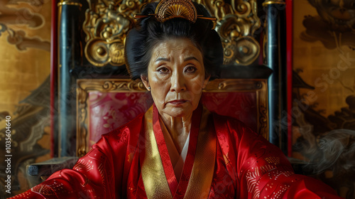 A woman in traditional Asian clothing sits on a throne decorated with golden elements. Imperial power and grandeur